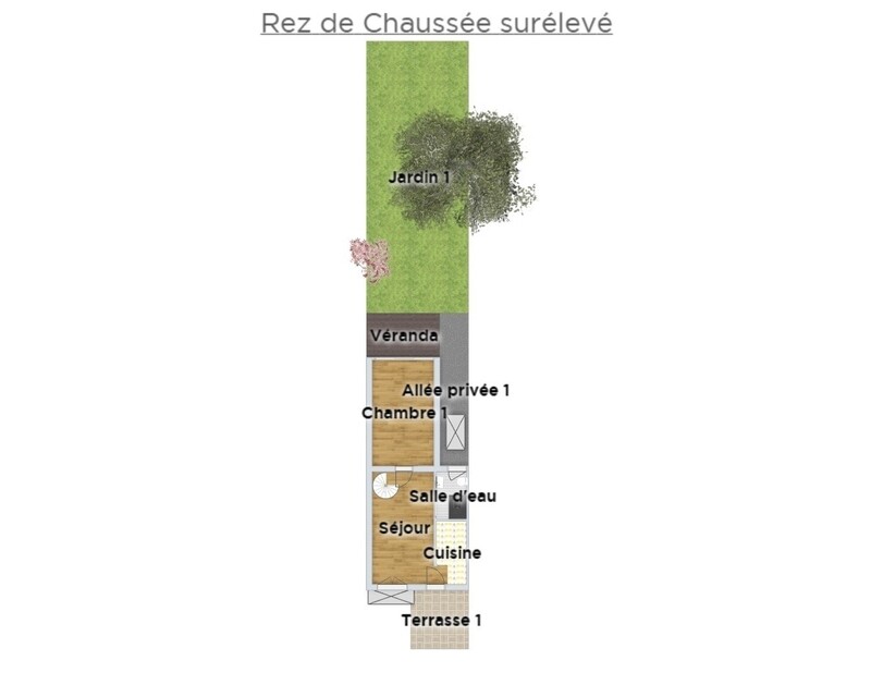 Maison 5 pièces, grand garage, terrasse, véranda et jardin arboré - Plan 2d rdc sueleve