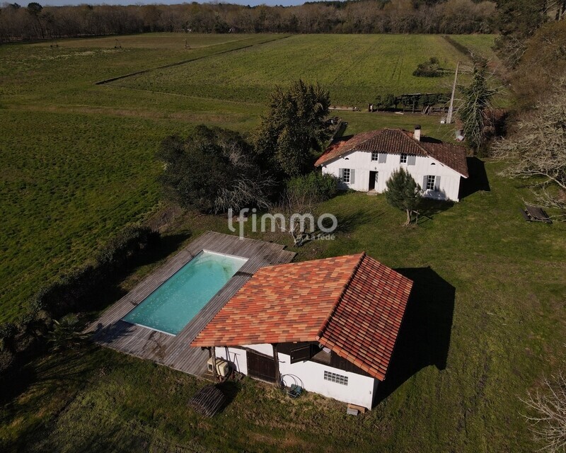 Maison landaise rénovée avec piscine - Exterieur vue drone ferme landaise sabres