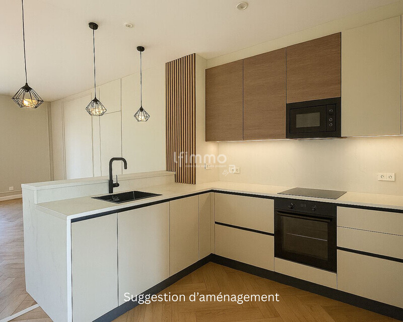 Vente sur offre : Rez de jardin rénové dans une maison de Maître - Suggestion d aménagement cuisine 1
